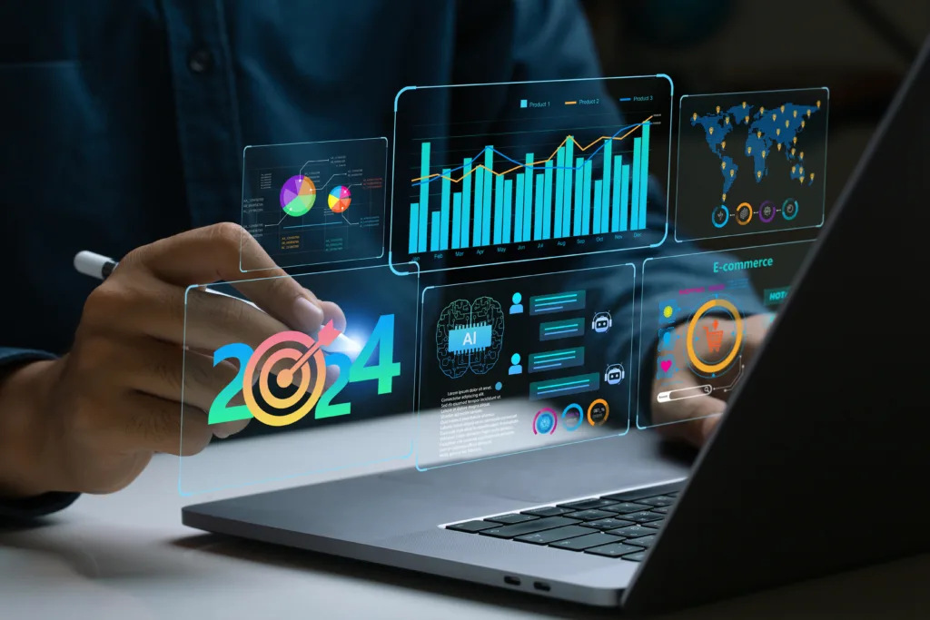 Businessman works on laptop Showing 2024 business trends dashboard with charts, metrics, AI, E-commerce, KPI. analytical businessperson planning business growth 2024. New Year Future business tech.