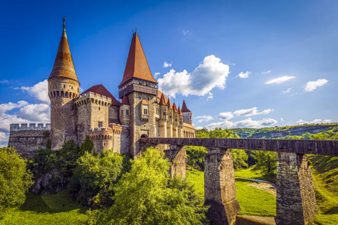 Corvin castle or Hunyad during a beautiful summer day. Photo taken on 8th of July 2023 in in Hunedoara, Transylvania region, Romania.