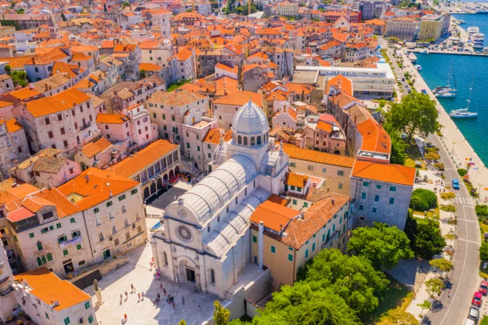 Croatia, beautiful old city of Sibenik, panoramic view of the town center and cathedral of St James