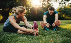 Happy young man and woman stretching in the park. Smiling caucasian couple exercising in morning.