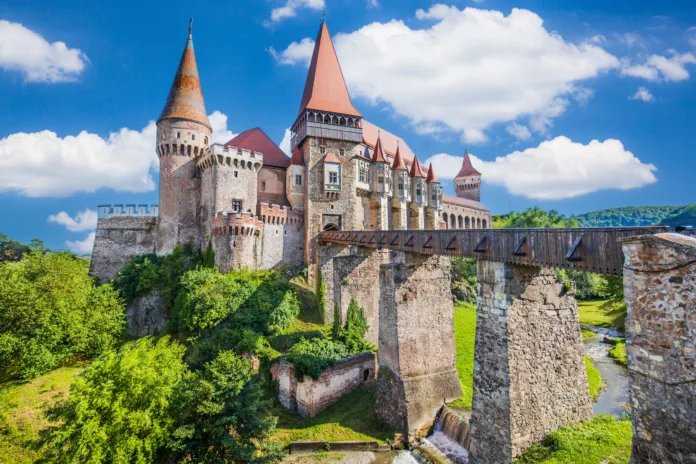 Hunedoara, Romania - July 1, 2020: Corvin Castle (Hunyad Castle) in Transylvania.