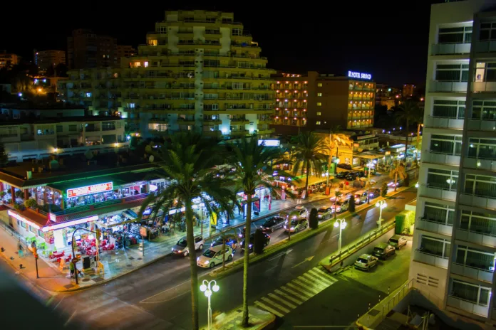 Malaga, Spain - September 02, 2015: A night view of city architecture and market located in Costa del Sol Occidental is a comarca in Andalusia, southern Spain