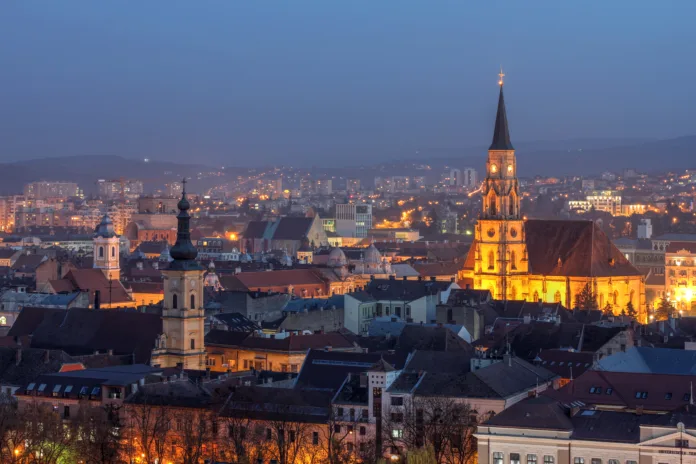 Night skyline of Cluj Napoca, Romania as seen from the Citadel Hill.