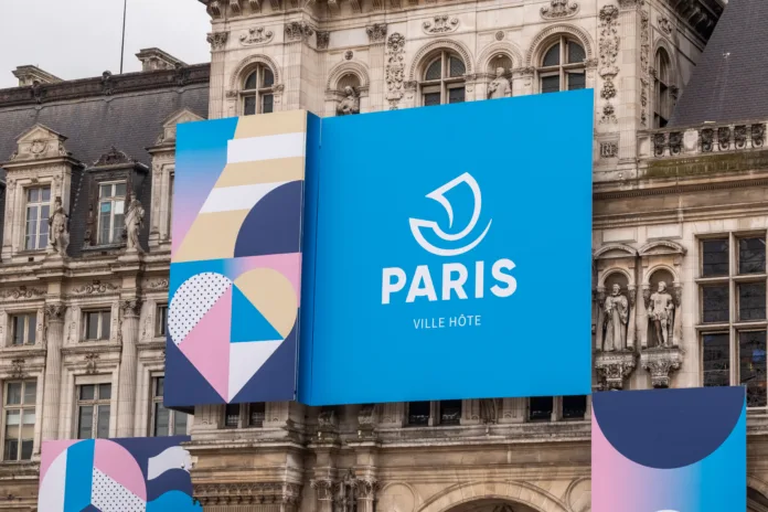 Paris, April 19th 2024:- A view of the Hotel de Ville, the Paris City Hall, with Paris 2024 Olympic Games Promotional Material