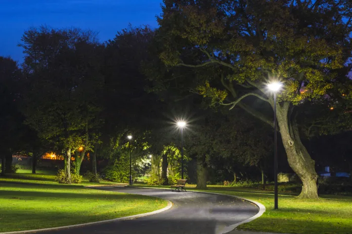 Peaceful Park in the Night with Street Lights, Trees, Green Grass and Pathway.