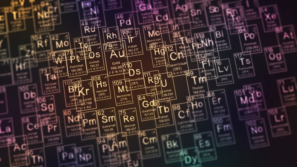 periodic table of the elements on black blackground,history of chemical elements, represents the atomic number and symbol.,3d rendering