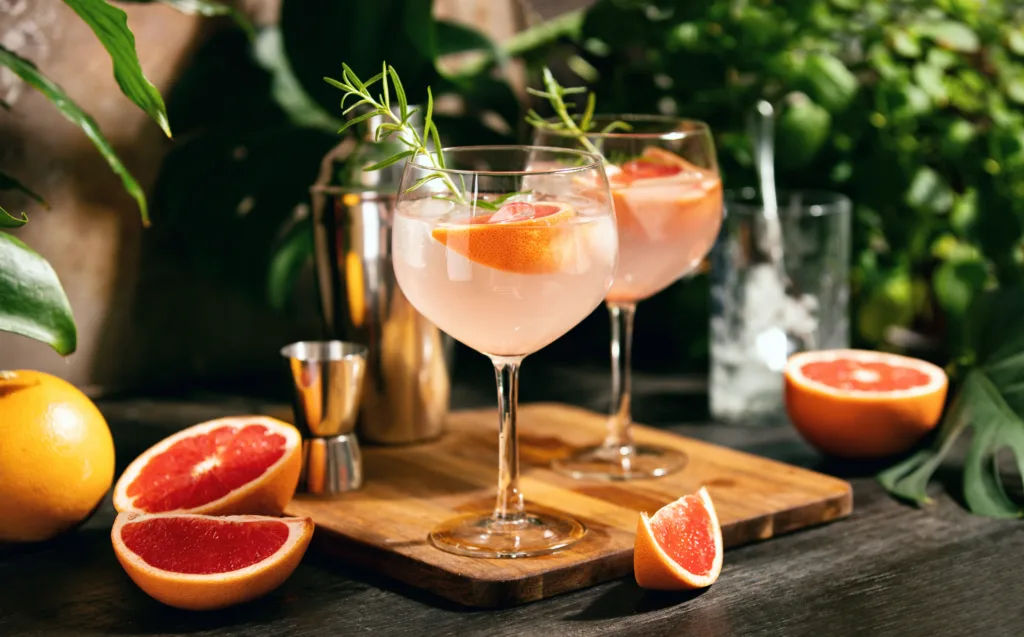 Pink grapefruit and rosemary gin cocktail served in prepared gin cocktail glass on a tropical beach bar