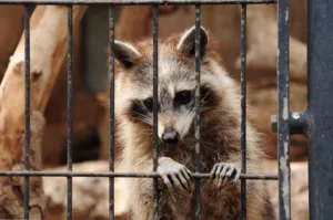 sad image of miserable caged raccoon