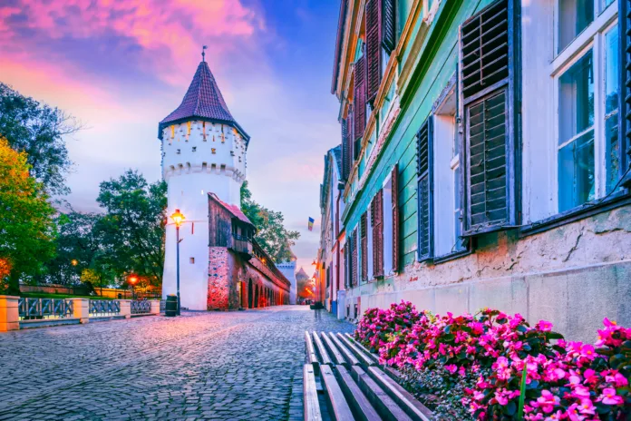 Sibiu, Romania. Medieval Carpenters Tower. Transylvania famous destination.