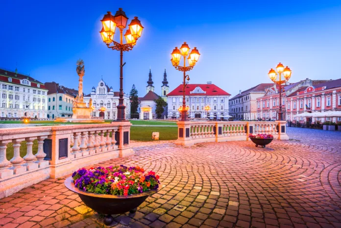 Timisoara, Romania - Union Square with Baroque architecture, charming historical city in region of Banat. European Capitals of Culture 2023.