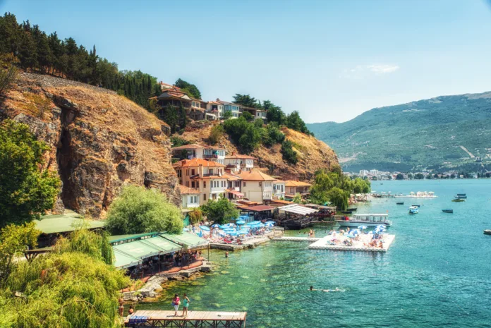 Waterfront and boats moored in Ohrid harbour on Lake Ohrid, Ohrid, Macedonia