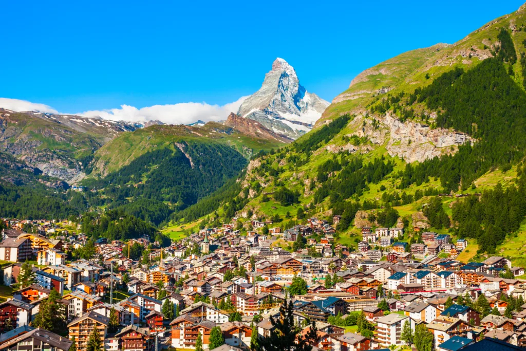 Zermatt town and Matterhorn mountain aerial panoramic view in the Valais canton of Switzerland