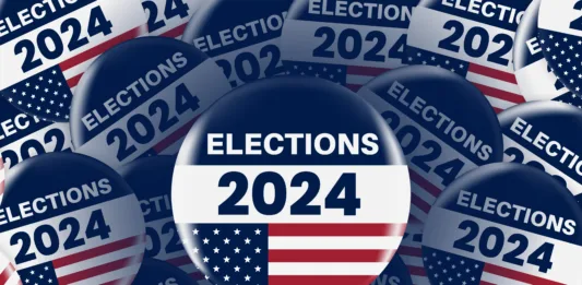 American presidential elections banner. Realistic circle Vote sticker or badge with us american flag. US, USA, american election, voting sign. 2024 presidential elections. Responsible voting badge or pin.