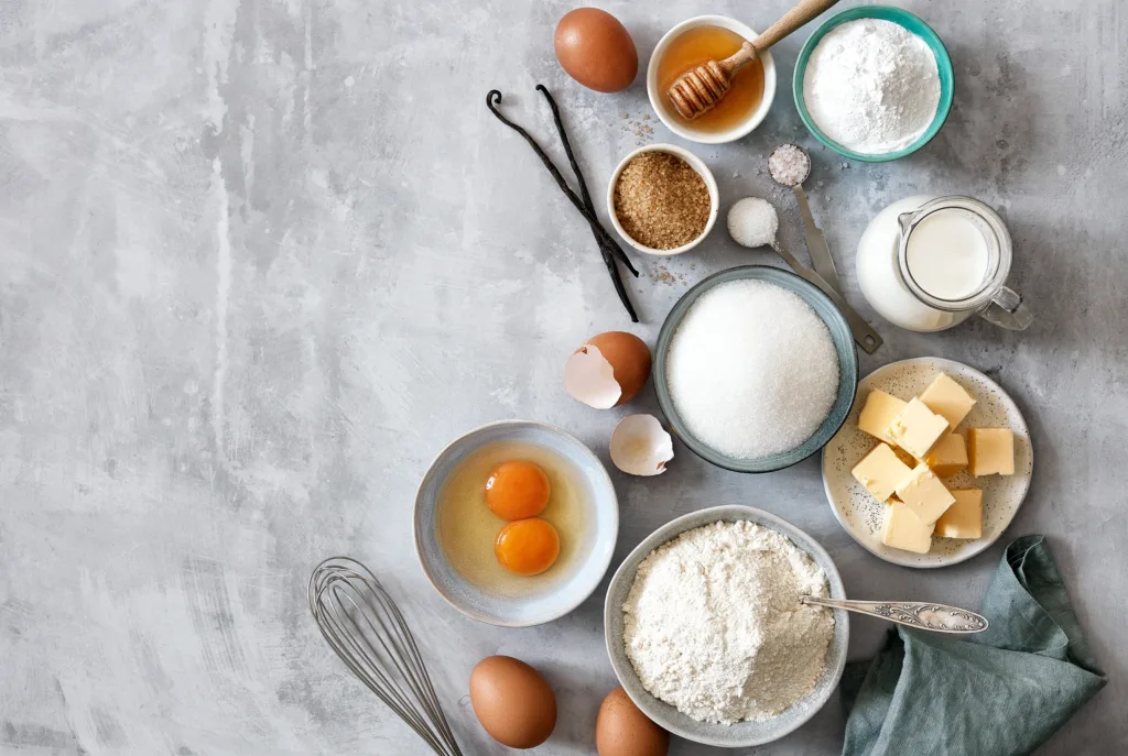 Baking ingredients: flour, eggs, sugar, butter, milk and spices on gray marble background. Top view. Space for text