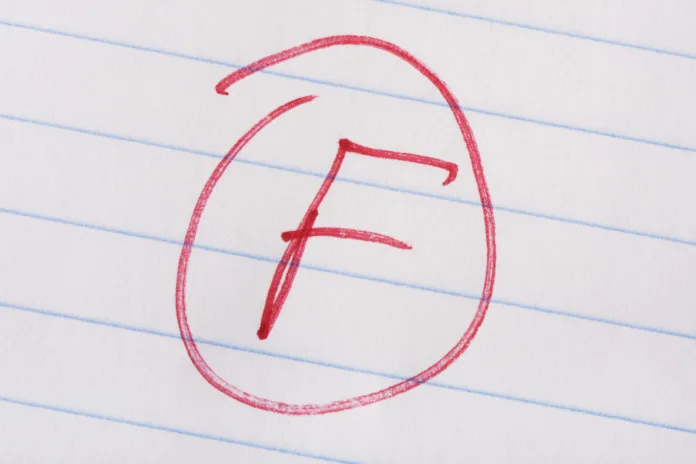 "F" grade written in red pen on notebook paper.