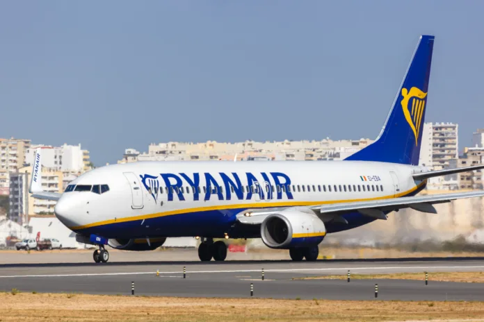 Faro, Portugal - September 25, 2021: Ryanair Boeing 737-800 airplane at Faro airport (FAO) in Portugal.