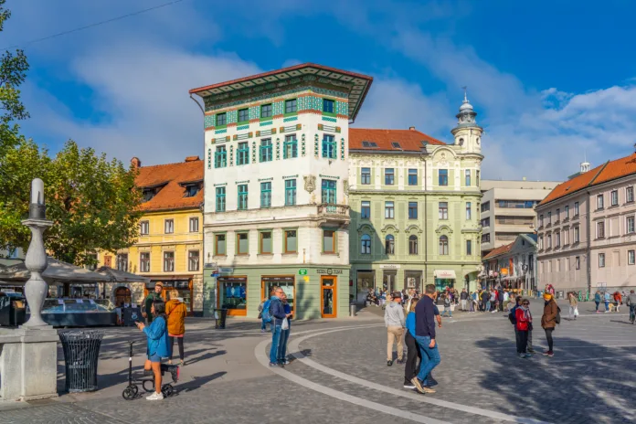 LJUBJANA, SLOVENIA - NOVEMBER 05.2022: Magnificent architectural Hauptmann house in the capital of Slovenia