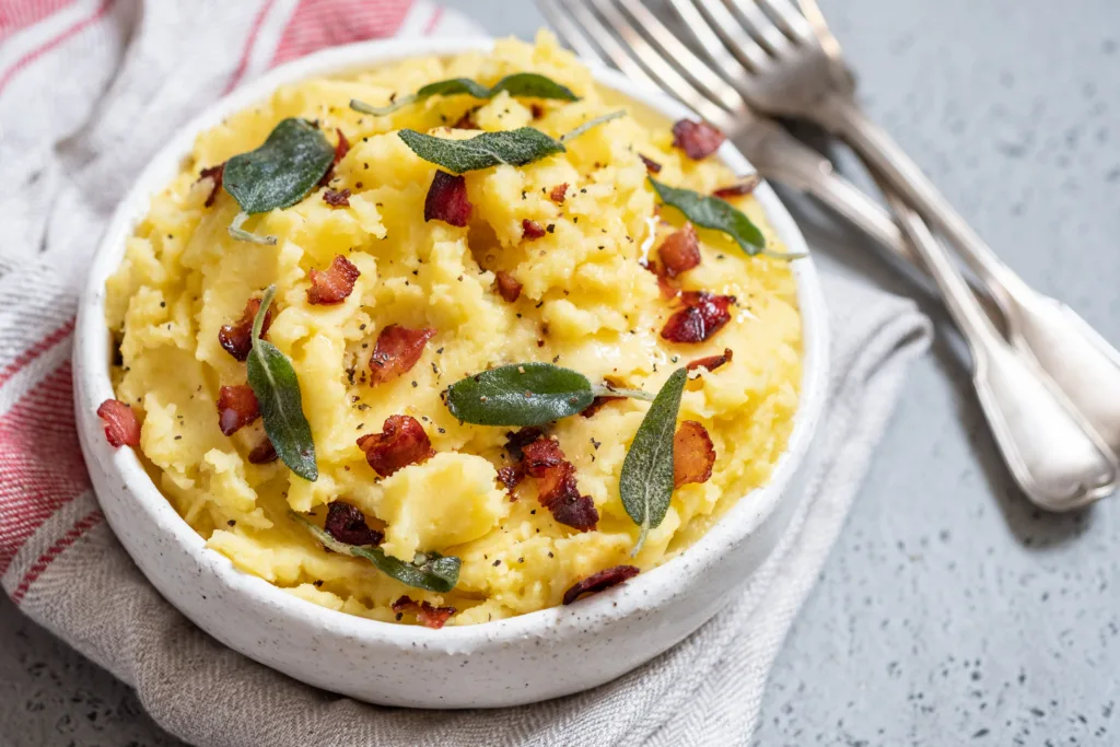 Mashed potatoes with crispy bacon and sage in a bowl