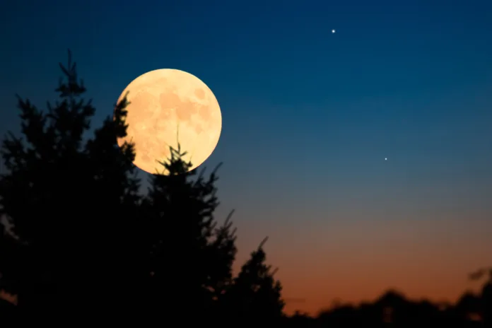 Planets in conjunction with full Moon above tree countryside silhouettes.