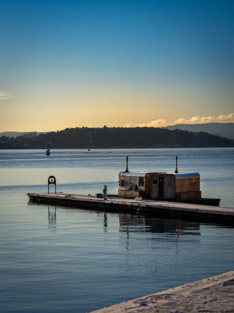 Saunas on the fjord in Oslo, Norway in winter