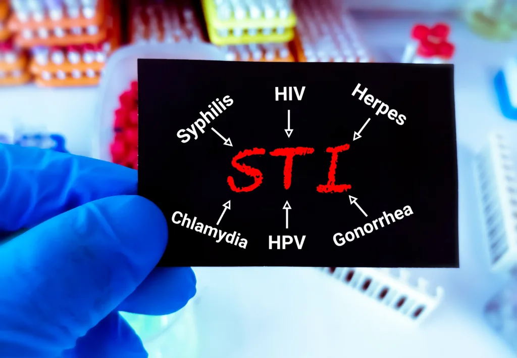 STI (Sexually Transmitted Infection) term. HIV, Syphilis, Herpes, HPV, Chlamydia, gonorrhea. STDs , STOP STD. Medical and healthcare concept. laboratory background.