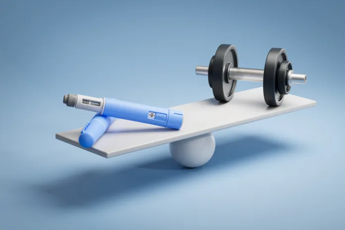 Two dosing pens of a fictitious semaglutide drug (GLP-1) on a scale facing a dumbbell. Concept for alternative ways to loose weight.