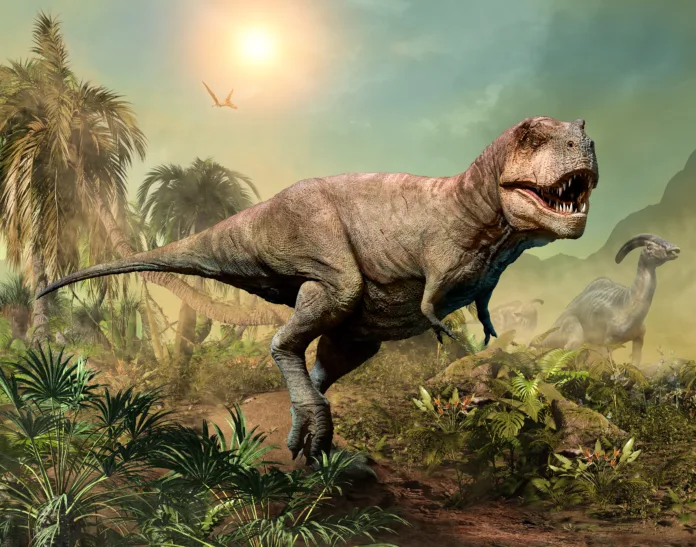 Tyrannosaurus rex hunting prey scene 3D illustration