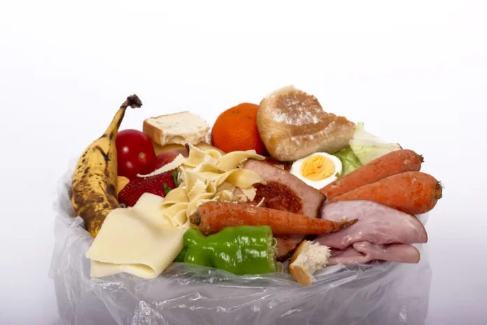 uneaten food, leftovers in garbage can