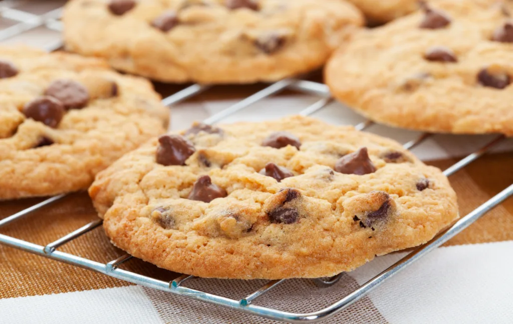 "Warm, golden brown, chocolate chip cookies cooling on a rack. Shallow depth of field."