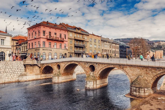 15 March 2024, Sarajevo, Bosnia and Herzegovina: rich heritage of Sarajevo's old town with the medieval charm of the Latin Bridge and its surrounding architecture.