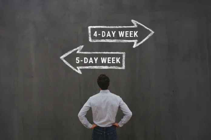 4-day work week vs 5 day workweek concept with business man looking at arrows signs,  five-day week or four-day, friday off