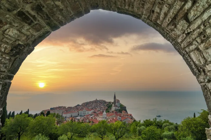 Amazing view of Piran town in Slovenia. Popular tourist landmark on Adriatic sea