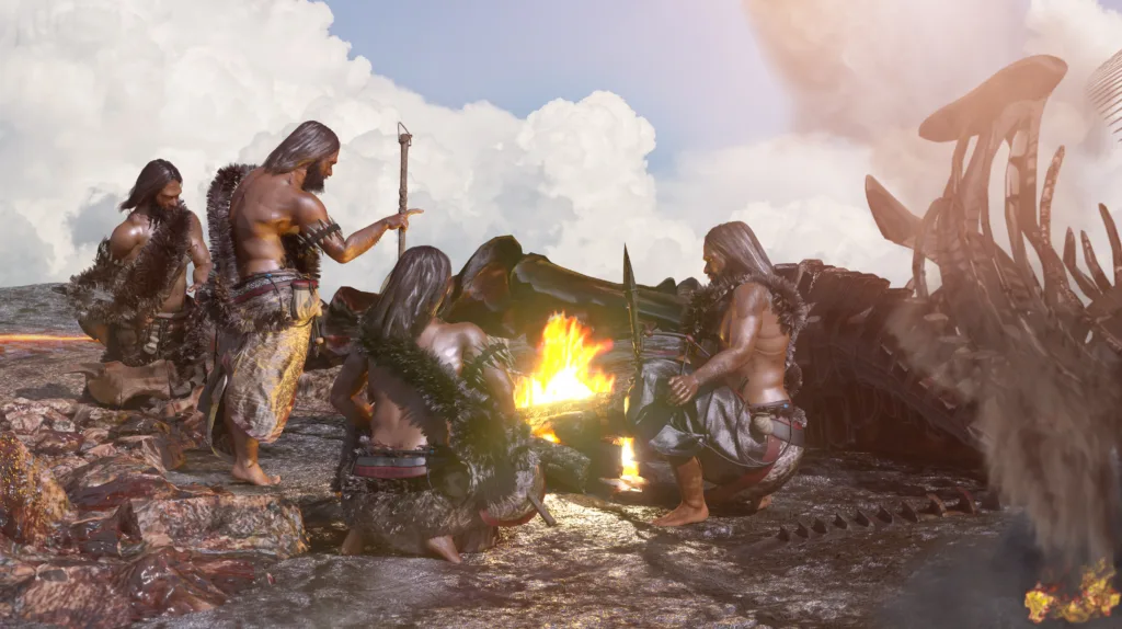 ancient cavemen people sit near a campfire render 3d