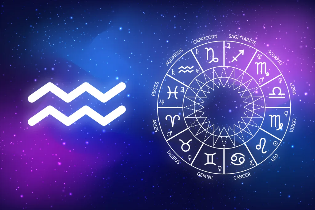 astrological forecast for a zodiac sign Aquarius. icon Aquarius on blue space background. Zodiac circle on a dark blue background of the space. Astrology