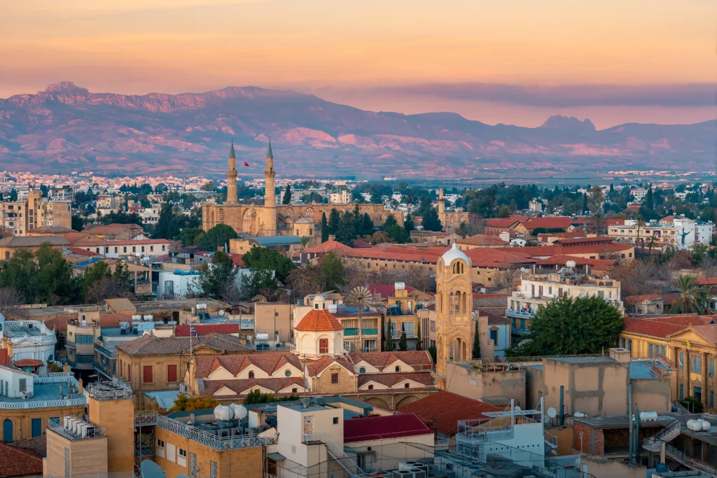 Beautiful aerial view over old town of Nicosia, Northern Cyprus and Selimiye Mosque in Cyprus