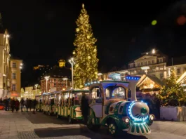 Beautiful Christmas decorations at Hauptplatz (main square), at night, in the city center of Graz, Styria region, Austria