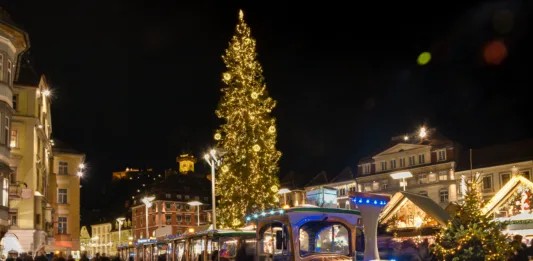 Beautiful Christmas decorations at Hauptplatz (main square), at night, in the city center of Graz, Styria region, Austria