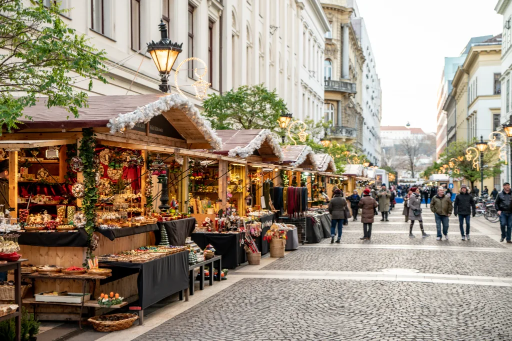 Budapest, Hungary - December 2017: Christmas market in front of St Stephen Basilica