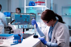 Chemistry doctor in engineering virus with mciropiette medicine dropper. Woman research a new experiment in modern lab, analyzing pharmaceutical work with modern equipment.