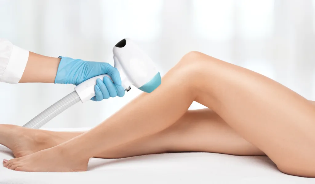 Elos epilation hair removal procedure on a womans body. Beautician doing laser rejuvenation in a beauty salon. Removing unwanted body hair. Hardware ipl cosmetology