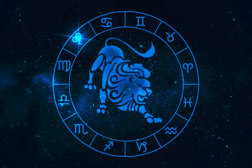 Leo horoscope sign in twelve zodiac with galaxy stars background, graphic of polygon man thinking