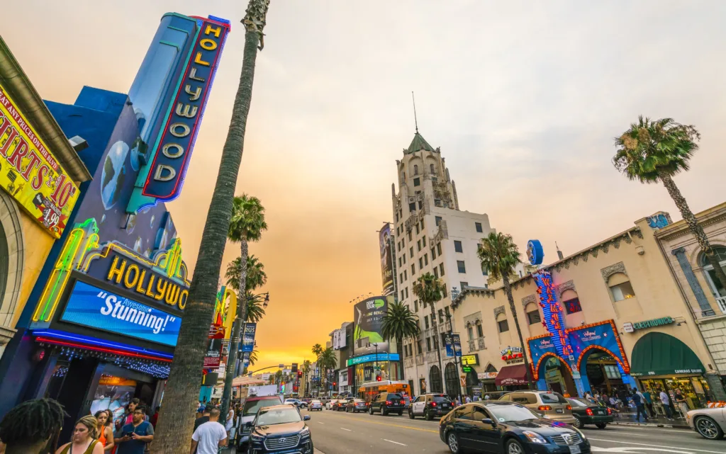 Los Angeles,California,usa. - July 23, 2016: Los Angeles,California,usa. 2016/07/23:Hollywood boulevard,blvd, road at sunset,Los Angeles,California,usa.