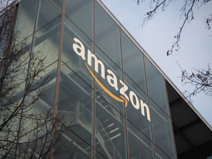 Munich, Bavaria Germany - December 11 2022: Amazon Deutschland Services GmbH e-commerce german headquarters office building with glass green trademark logo. Ultra HD