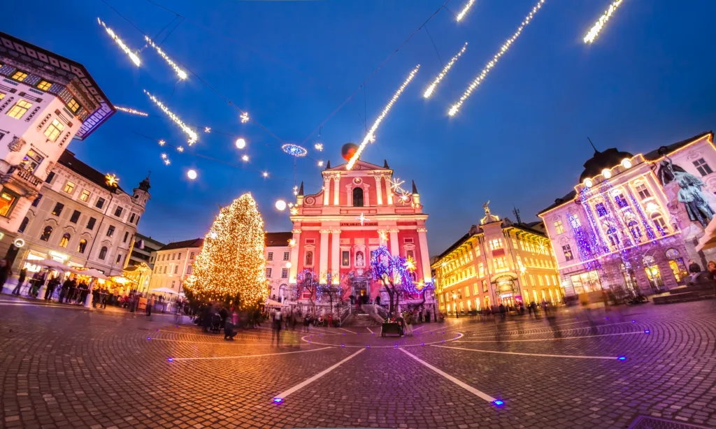 Romantic Ljubljana's city center decorated for Christmas fairytale. Preseren's square, Ljubljana, Slovenia, Europe.