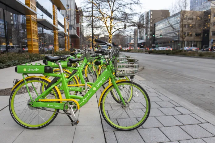 Seattle, Washington USA - Dec 2, 2019: Lime Electric Bikes Parked in South Lake Union