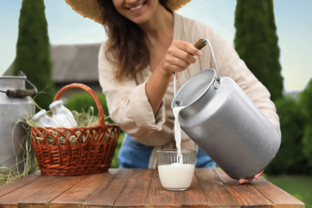 Smiling woman pouring fresh milk from can into glass at wooden table outdoors, closeup