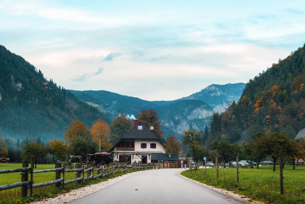 Solcava Slovenia - 2 October 2022: Logar valley or Logarska dolina in the Alps of Slovenia in autumn.