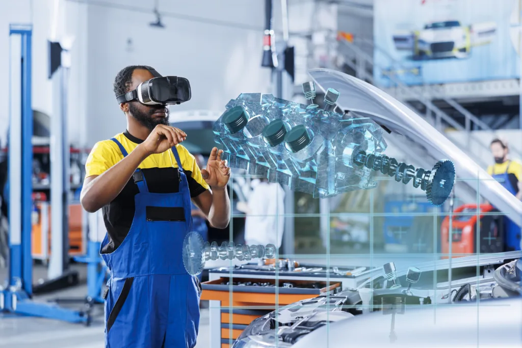 Technician in repair shop using augmented reality holograms to check car performance parameters during maintenance. Licensed garage employee using futuristic vr headset to examine damaged engine