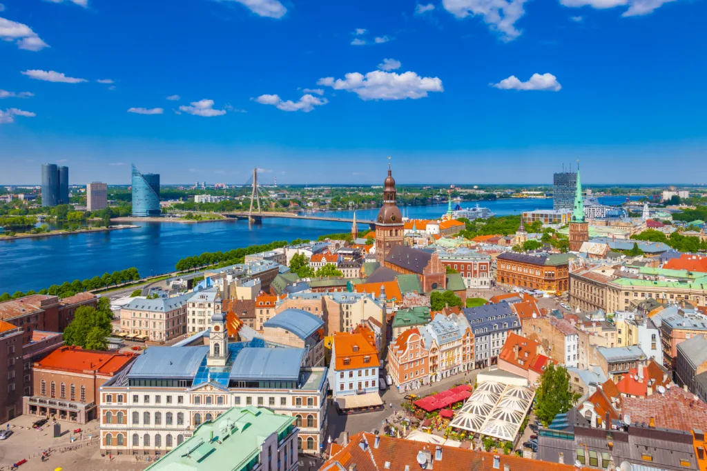 View from tower of St. Peters Church on Riga Cathedral and roofs of old houses in old city of Riga, Latvia.