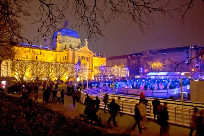 Zagreb christmas ice park evening view, capital of Croatia